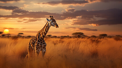 Photograph giraffe at sunset in savannah - obrazy, fototapety, plakaty