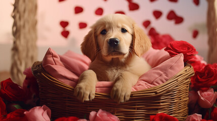 Golden retriever puppy on dog bed with pink pillow and heart background