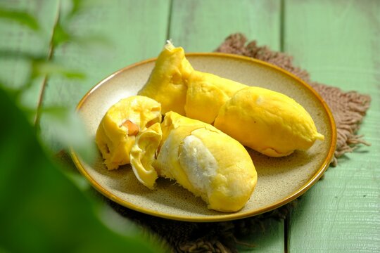 Durian fruit on the table. Delicious and sweet durian from Indonesia. Durian Bawor