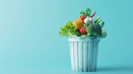 Colorful healthy vegetables overflowing from a white bin on a blue background, concept for sustainable living and zero waste lifestyle. AI