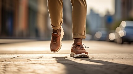 Image of legs of a man in brown sneakers. - obrazy, fototapety, plakaty