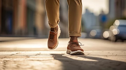 Zelfklevend Fotobehang Image of legs of a man in brown sneakers. © kept