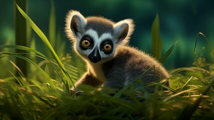 Fototapeta premium Image of lemur on lush green grass.