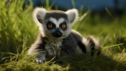 Obraz premium Image of lemur on lush green grass.