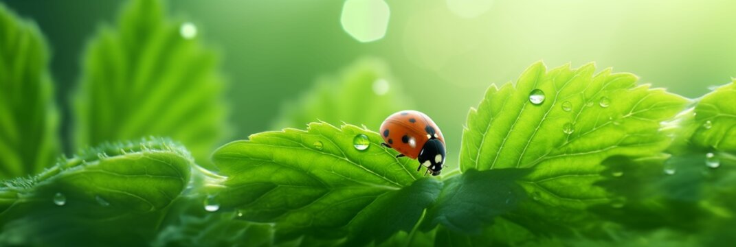 Image of ladybug on a vibrant green leaf.