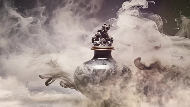 dark background with ancient greek amphora portrayed in swirling smoke. seamless looping overlay 4k virtual video animation background 