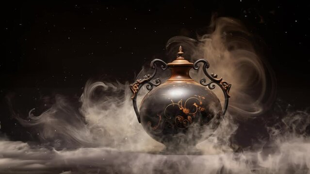 dark background with ancient greek amphora portrayed in swirling smoke. seamless looping overlay 4k virtual video animation background 