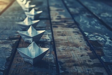 Blue Paper Boat Leading A Fleet Of Small White Boats On Wooden Table With Vintage Effect - Leadership Concept
