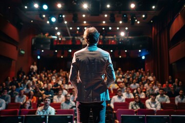 Businessman motivational speaker standing on stage in front of an audience for a speech at conference or business event. Talks about Success, Leadership, Technology, and How To Be Productive - obrazy, fototapety, plakaty
