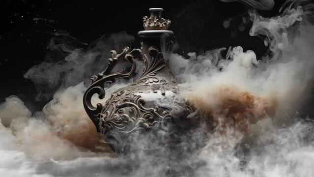 ancient greek amphora portrayed in swirling smoke on dark background . seamless looping overlay 4k virtual video animation background 