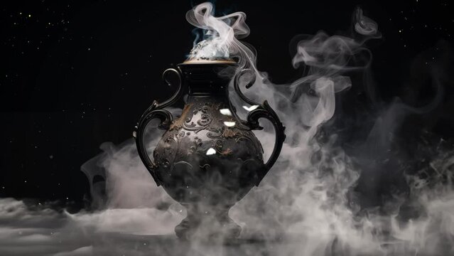 dark background with ancient greek amphora shaped by smoky elegance. seamless looping overlay 4k virtual video animation background 