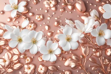 apple blossom white flowers on rose gold metal texture. Luxury elegant soft foil background
