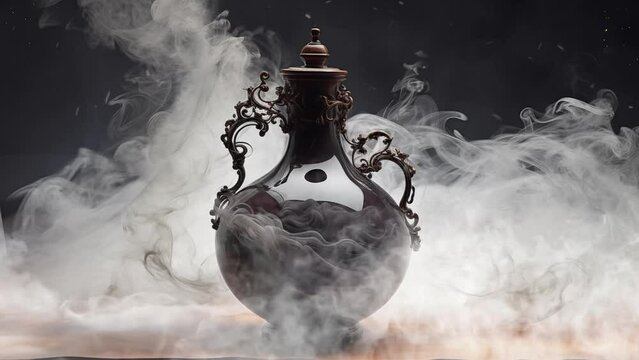 ancient greek amphora emerging from swirling smoke. seamless looping overlay 4k virtual video animation background 