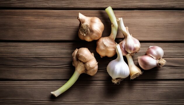  Fresh garlic bulbs on wooden surface