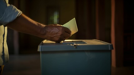Image of person's hand inserts a ballot paper into a ballot box.