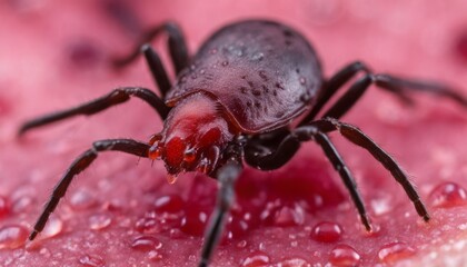  Close-up of a vibrant red and black spider on a pink surface