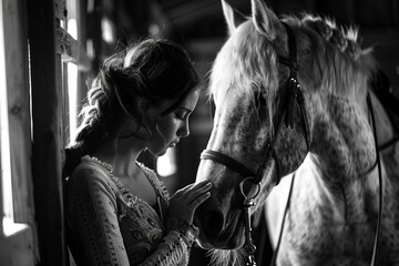 Fototapeta na wymiar Professional Photography of a Horse and Rider Bonding During a Quiet Moment Together, Generative AI