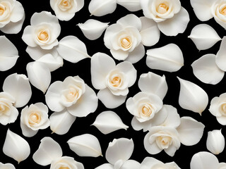 abstract background of white rose petals isolated on balck background