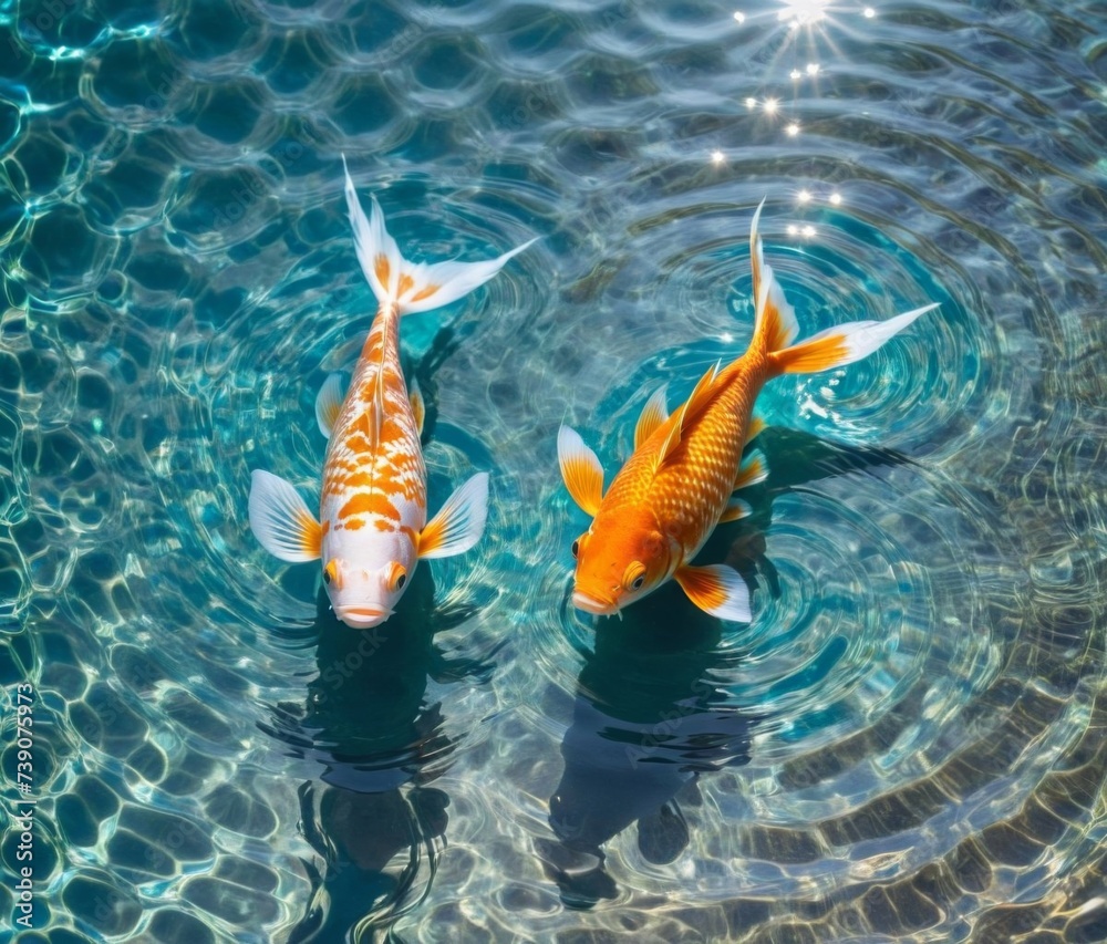 Wall mural Surreal, Top view, there are two golden fish made of foil on the sparkling white water, (( Yin and Yang  Poses)) Find Balance an