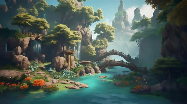 video animation video landscape cartoon  for game, sky, mountains, river, bridge, aspec ratio 19:6