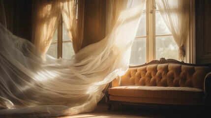 Image of white sheer curtains billowing in the breeze. - obrazy, fototapety, plakaty