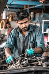 Indian mechanic repairing a car engine in a workshop