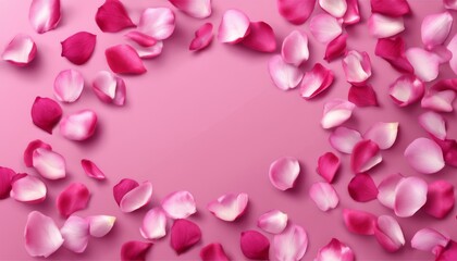  Elegant pink rose petals scattered on a soft pink background