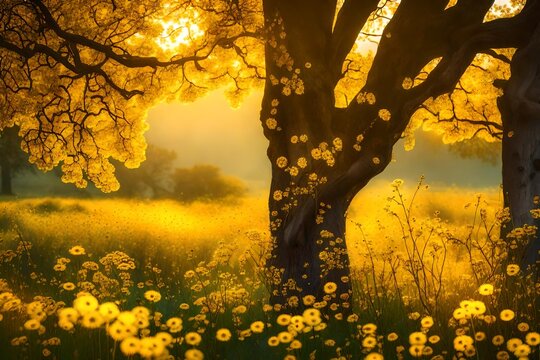 Golden sunlight filters through the branches of a tree, illuminating a meadow of wild yellow flowers at dawn