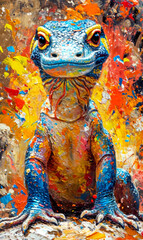 Oil painting of a colorful frog in the park.