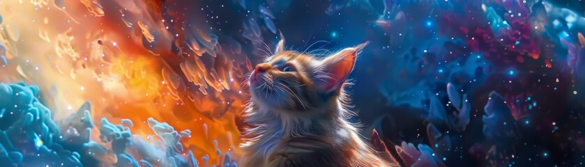 Mystical cartoon kitten exploring a vibrant yet freezing universe sky ablaze with colors close up...