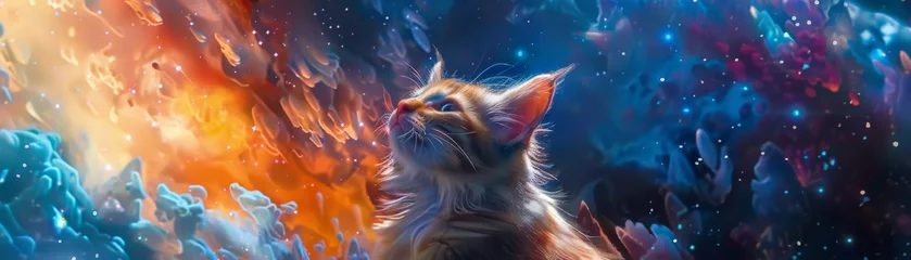 Fotobehang Mystical cartoon kitten exploring a vibrant yet freezing universe sky ablaze with colors close up capturing every detail © Little