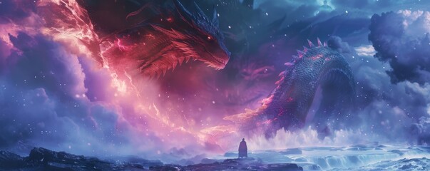 A dramatic scene of a dragon trainer calming a storm with a dragon by their side showcasing their harmonious power - obrazy, fototapety, plakaty