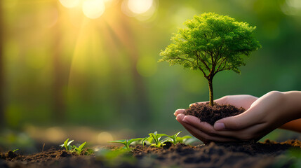 hand holding plant on nature background, generative ai,