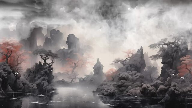 surreal dreamland materializing through smoke. seamless looping overlay 4k virtual video animation background 