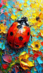 Ladybug on an abstract background of oil paint.