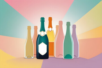 Champagne bottle at center of lively party, minimalist style, bottle silhouette, soft pastel hues, focal point clear, ambiance of celebration, digital illustration. Generative AI