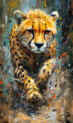 Digital painting of cheetah with splashes of paint on canvas.