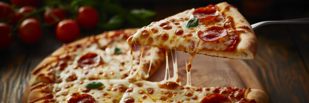 Nahaufnahme von einem Stück knuspriger Salami Pizza mit schmelzendem Käse, Tomate und Basilikum auf einem Holzbrett