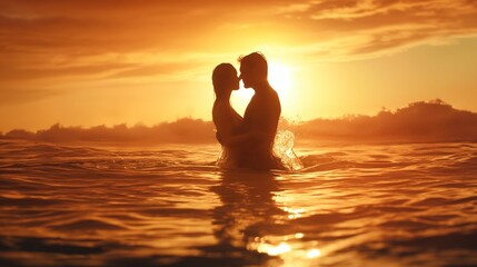 Fototapeta premium Silhouette of a loving couple standing in the sea at sunset.