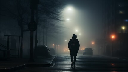 Silhouette of a person walking down a foggy city road.
