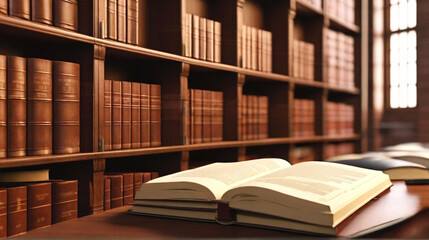 Fototapeta premium Inside a Law Library. Close-up of an Open Law Books and a Lot of Law Reports in a Law Firm. 3D Render