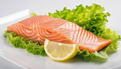  Freshly sliced salmon with lemon and lettuce, ready to serve