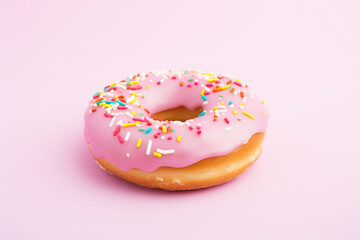 Vanilla Frosted Donut with Colorful Sprinkles on Pink Background. Sweet Treat and Dessert Concept