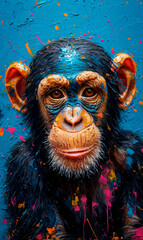 Portrait of a chimpanzee oil color painting on a blue background with colorful splashes.