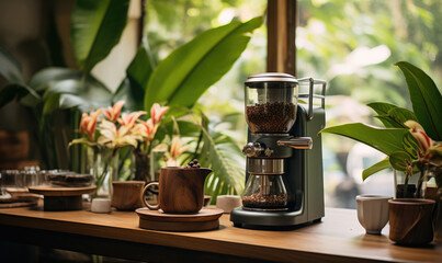 Step into a vintage-inspired morning ritual, where the aroma of freshly ground coffee beans fills the air, accompanied by the gentle hum of an old-fashioned grinder.