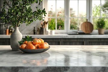 Modern marble kitchen tabletop with decors and copy space over blurred minimal bright kitchen