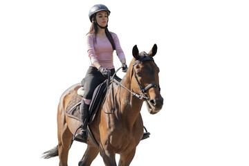 Close up of a young woman riding a horse in an equestrian center