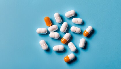  A collection of colorful pills on a blue background