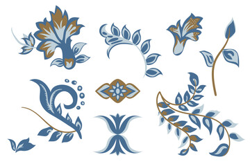 Set of Floral Illustration in Blue and Brown. Vintage Flowers with leaf and branches