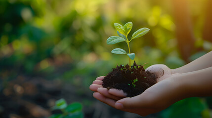 hand holding plant on nature background, generative ai,